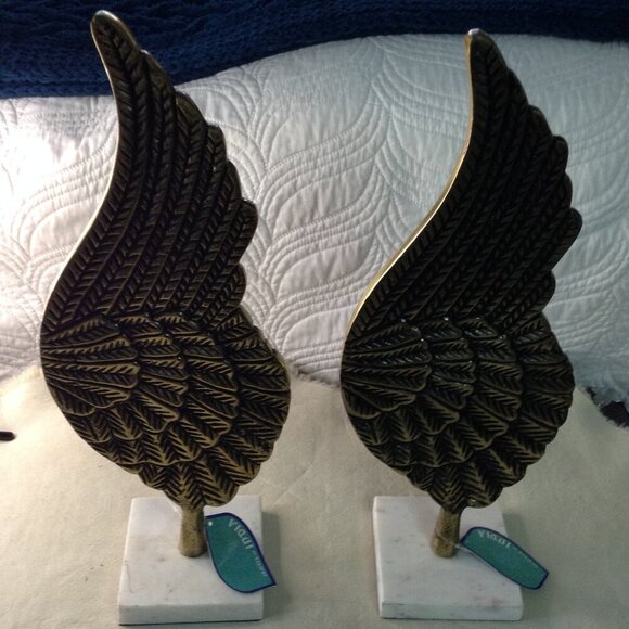 NWT Large Bronze/Brass Angel Wings; Marble Bases, Tall, Spiritual, Bookends - Picture 2 of 5